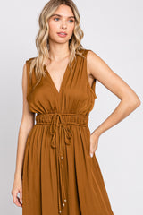 Camel Satin V-Neck Side Slit Jumpsuit