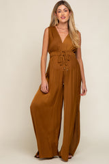 Camel Satin V-Neck Side Slit Maternity Jumpsuit