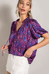 Royal Blue Printed Front Tie Puff Sleeve Blouse