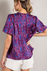 Royal Blue Printed Front Tie Puff Sleeve Blouse