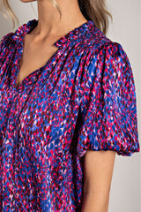 Royal Blue Printed Front Tie Puff Sleeve Blouse