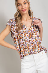 Brown Floral Layered Sleeve Top