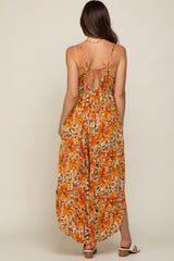 Orange Floral Sleeveless Maternity Jumpsuit