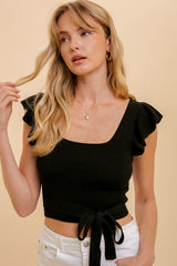 Black Tie Waist Square Neck Ruffle Sleeve Sweater Top