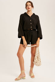 Black Button Down Crop Top And Shorts Sets