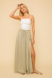 Dusty Olive Hammered Satin Split Hem Maxi Skirt