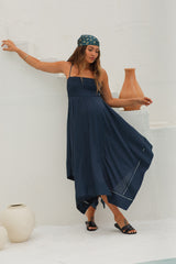 Navy Blue Linen Smocked Square Neck Asymmetrical Maternity Maxi Dress