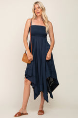 Navy Blue Linen Smocked Square Neck Asymmetrical Maxi Dress