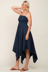 Navy Blue Linen Smocked Square Neck Asymmetrical Maxi Dress