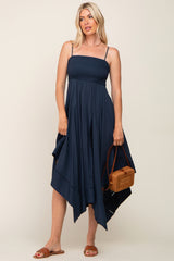 Navy Blue Linen Smocked Square Neck Asymmetrical Maxi Dress