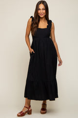 Black Ruffle Accent Back Tie Maternity Midi Dress