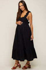 Black Ruffle Accent Back Tie Maternity Midi Dress