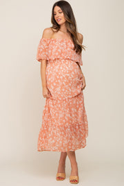 Salmon Floral Flounce Off Shoulder Maternity Midi Dress