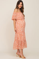 Salmon Floral Flounce Off Shoulder Maternity Midi Dress