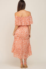 Salmon Floral Flounce Off Shoulder Maternity Midi Dress