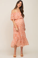 Salmon Floral Flounce Off Shoulder Maternity Midi Dress