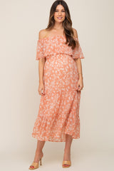 Salmon Floral Flounce Off Shoulder Maternity Midi Dress