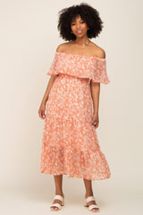 Salmon Floral Flounce Off Shoulder Maternity Midi Dress