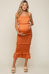 Orange Satin Smocked Fitted Maternity Midi Dress