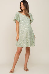 Sage Floral Flounce Sleeve Maternity Dress