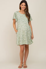 Sage Floral Flounce Sleeve Maternity Dress