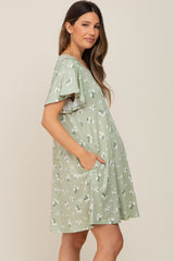 Sage Floral Flounce Sleeve Maternity Dress