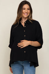 Black Button Down Collared Maternity Top