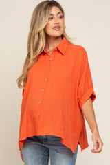 Orange Button Down Collared Maternity Top