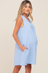 Light Blue Sleeveless Pocketed Maternity Dress