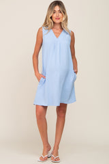 Light Blue Sleeveless Pocketed Maternity Dress