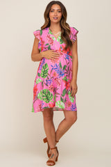 Pink Tropical Floral Print Maternity Dress