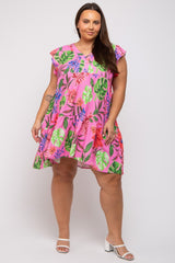 Pink Tropical Floral Print Plus Dress