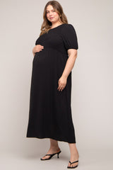 Black Smocked Short Sleeve Maternity Midi Dress