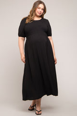 Black Smocked Short Sleeve Maternity Midi Dress