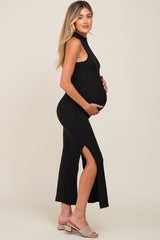 Black Ribbed Side Slit Maternity Maxi Dress