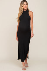 Black Ribbed Side Slit Maternity Maxi Dress