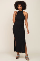 Black Ribbed Side Slit Maxi Dress