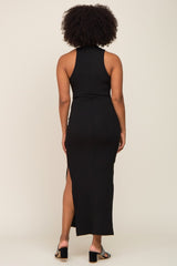 Black Ribbed Side Slit Maxi Dress