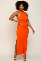 Orange Ribbed Side Slit Maxi Dress