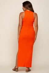 Orange Ribbed Side Slit Maternity Maxi Dress