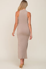 Taupe Ribbed Side Slit Maternity Maxi Dress