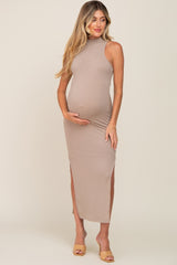 Taupe Ribbed Side Slit Maternity Maxi Dress