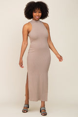 Taupe Ribbed Side Slit Maxi Dress