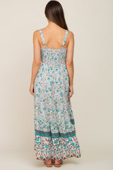 Teal Floral Button Accent Tiered Maternity Maxi Dress