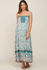 Teal Floral Button Accent Tiered Maternity Maxi Dress