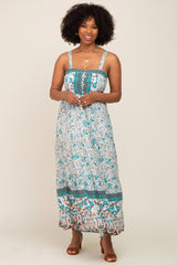 Teal Floral Button Accent Tiered Maternity Maxi Dress