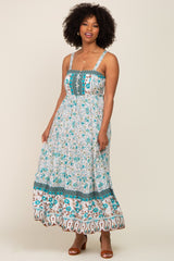 Teal Floral Button Accent Tiered Maxi Dress