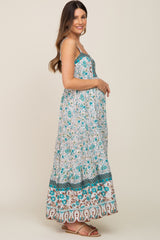 Teal Floral Button Accent Tiered Maternity Maxi Dress