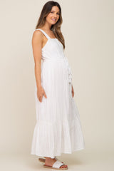 Ivory Crochet Trim Button Front Maternity Midi Dress