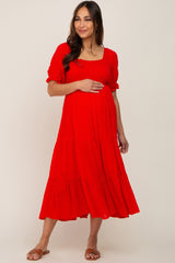 Red Swiss Dot Puff Sleeve Smocked Maternity Midi Dress